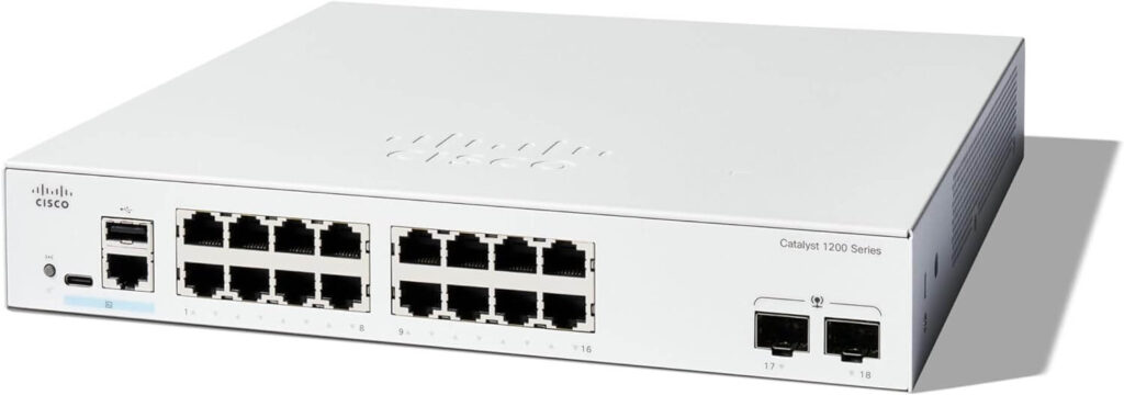 Switch Cisco C1200-16T-2G với 16 cổng Fast Ethernet và 2 cổng uplink Gigabit Ethernet.