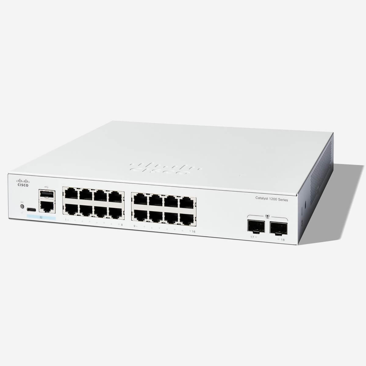 Switch Cisco C1200-16T-2G với 16 cổng Fast Ethernet và 2 cổng uplink Gigabit Ethernet.