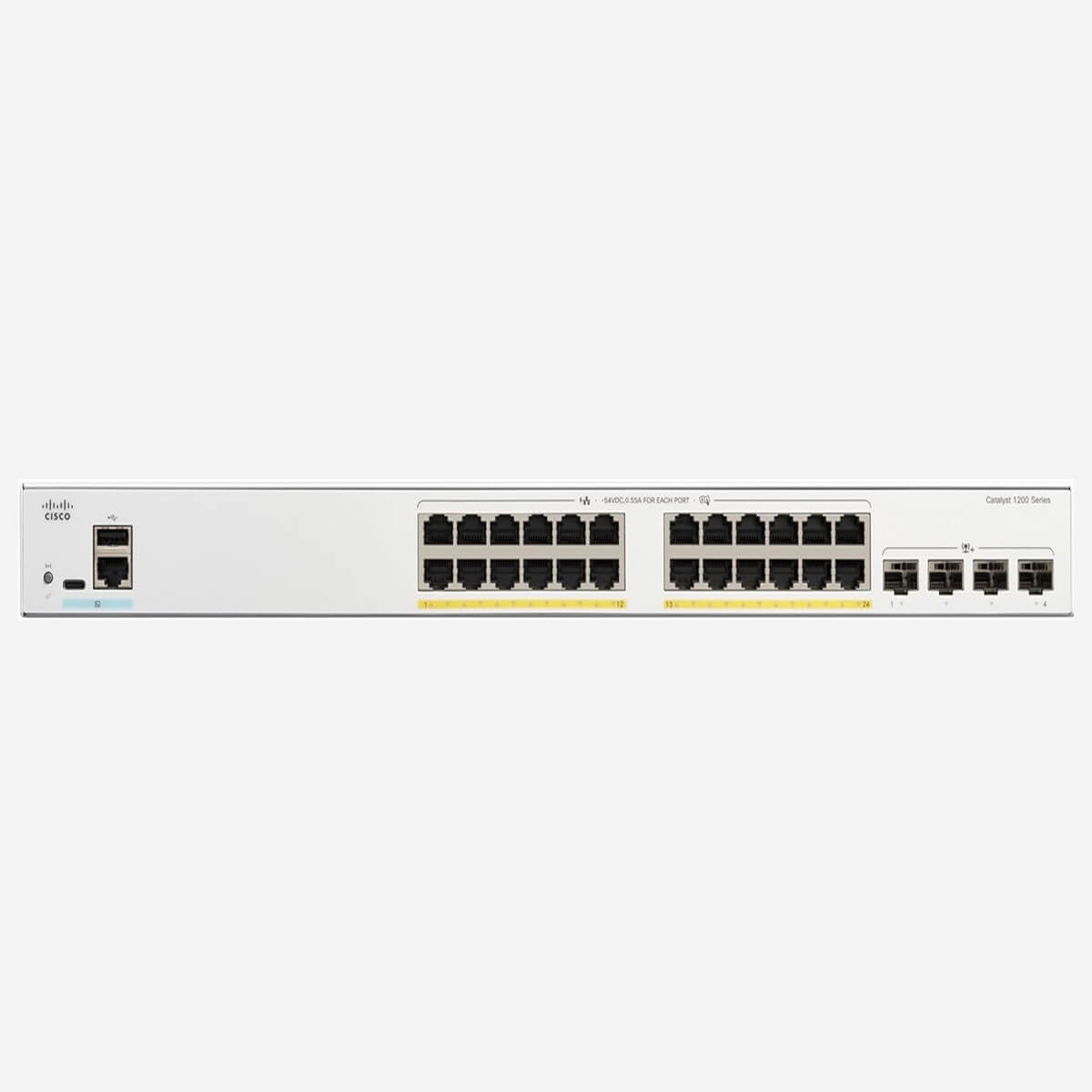 Hình ảnh switch Cisco C1200-24FP-4X với 24 cổng PoE+ và 4 cổng uplink 10 Gigabit Ethernet SFP+.