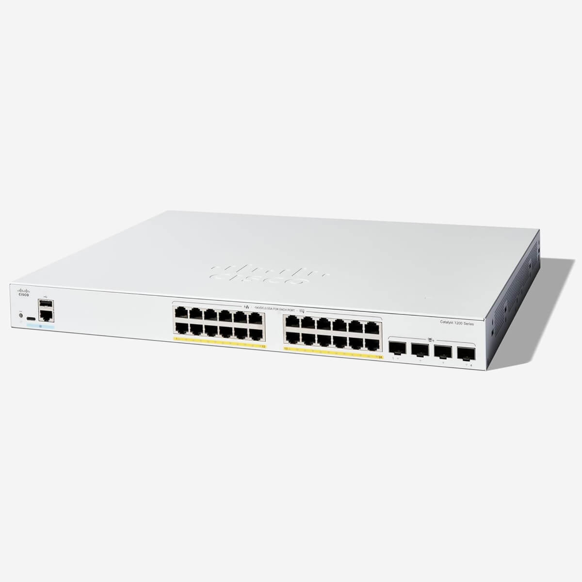 Hình ảnh switch Cisco C1200-24FP-4X với 24 cổng PoE+ và 4 cổng uplink 10 Gigabit Ethernet SFP+.