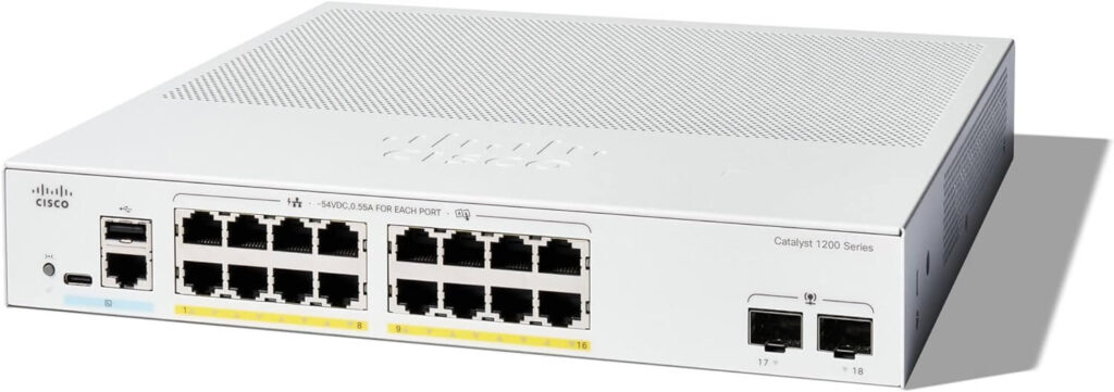 Cisco Catalyst C1200-16P-2G Smart Switch với 16 cổng PoE Gigabit Ethernet và 2 cổng uplink SFP