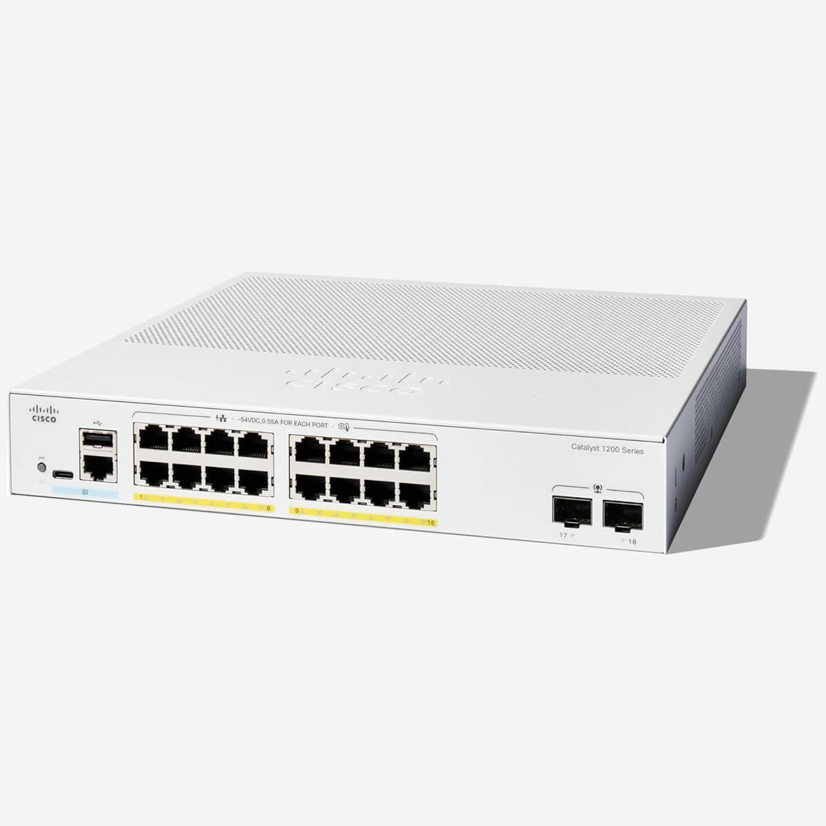 Cisco Catalyst C1200-16P-2G Smart Switch với 16 cổng PoE Gigabit Ethernet và 2 cổng uplink SFP