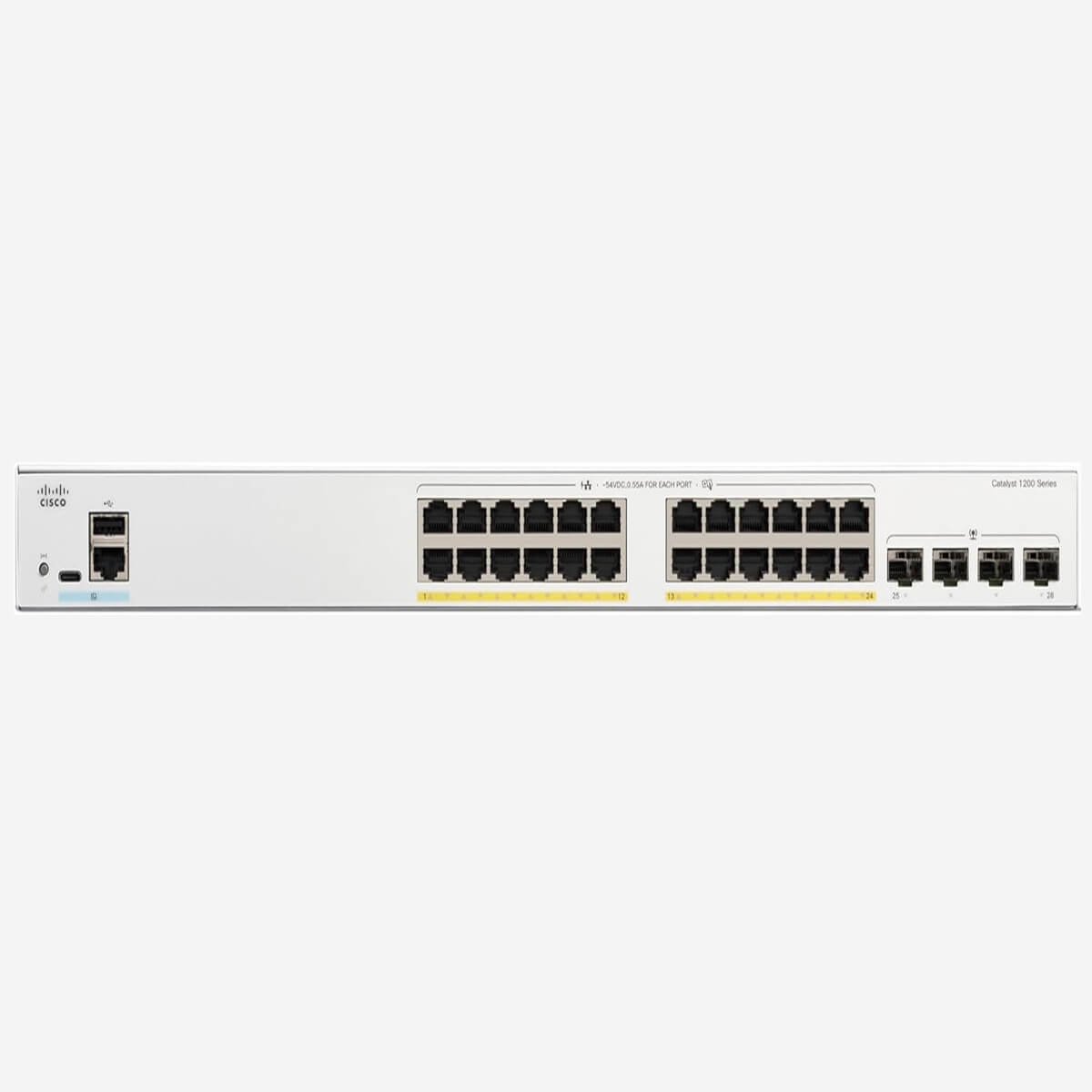 Hình ảnh switch Cisco Catalyst C1200-24P-4G với 24 cổng PoE+ và 4 cổng uplink Gigabit Ethernet.