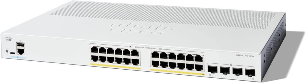 Hình ảnh switch Cisco Catalyst C1200-24P-4G với 24 cổng PoE+ và 4 cổng uplink Gigabit Ethernet.