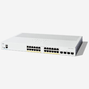 Hình ảnh switch Cisco Catalyst C1200-24P-4G với 24 cổng PoE+ và 4 cổng uplink Gigabit Ethernet.